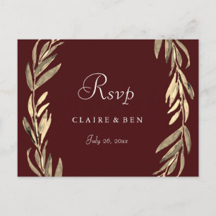 Burgundy Gold Leaf Wreath Wedding RSVP Postcard Einladungspostkarte