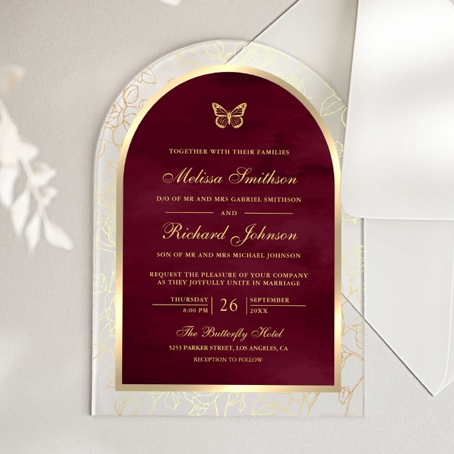 Burgundy Gold Line Art Arch Butterfly Wedding Acryleinladungen (Von Creator hochgeladen)