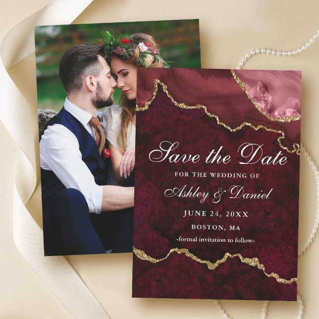 Burgundy Gold Marble Agate Geode Foto Save The Date (Customize to change text size or text style.)