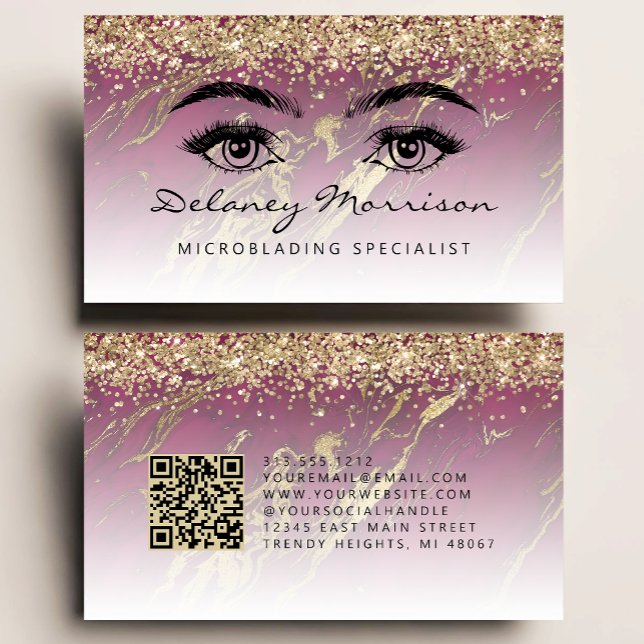 Burgundy Gold Marble Eyes QR Code Microblading Visitenkarte (Von Creator hochgeladen)