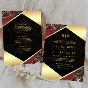 Burgundy Gold Marmor Monogram All in one Wedding Einladung