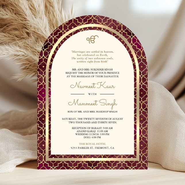 Burgundy Gold marokkanischen QR Code Sikh Arch Wed Einladung (Von Creator hochgeladen)