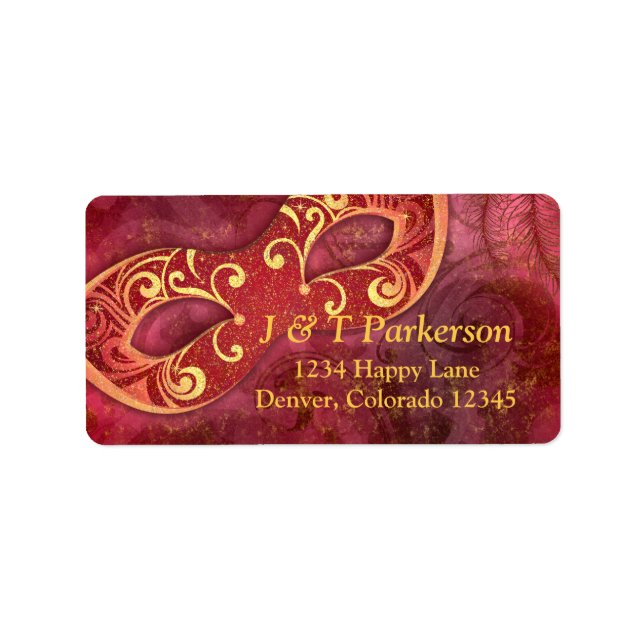 Burgundy Gold Masquerade Wedding Address Label Adressaufkleber (Vorne)