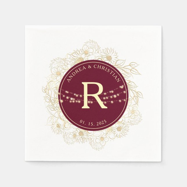 Burgundy Gold Monogram Wedding Napkins Serviette (Vorderseite)