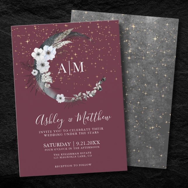Burgundy Gold Moon Celestial Wedding Einladung (Burgundy Gold Moon Celestial Wedding Invitation )