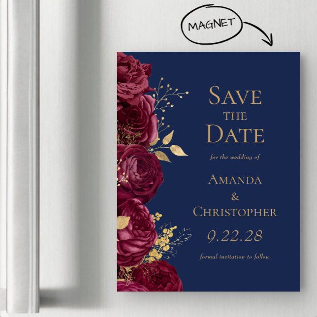 Burgundy Gold Navy Bloral Wedding Save the Date Magneteinladung (Von Creator hochgeladen)