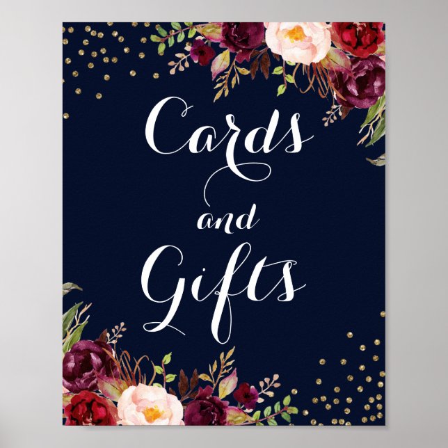 Burgundy Gold Navy Blumenkarten und Geschenke Hoch Poster (Vorne)