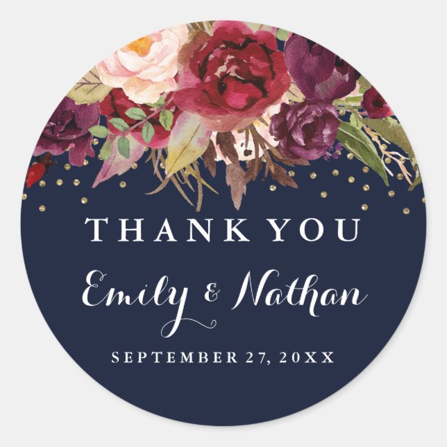 Burgundy Gold Navy Confetti Floral Wedding Sticker (Vorderseite)