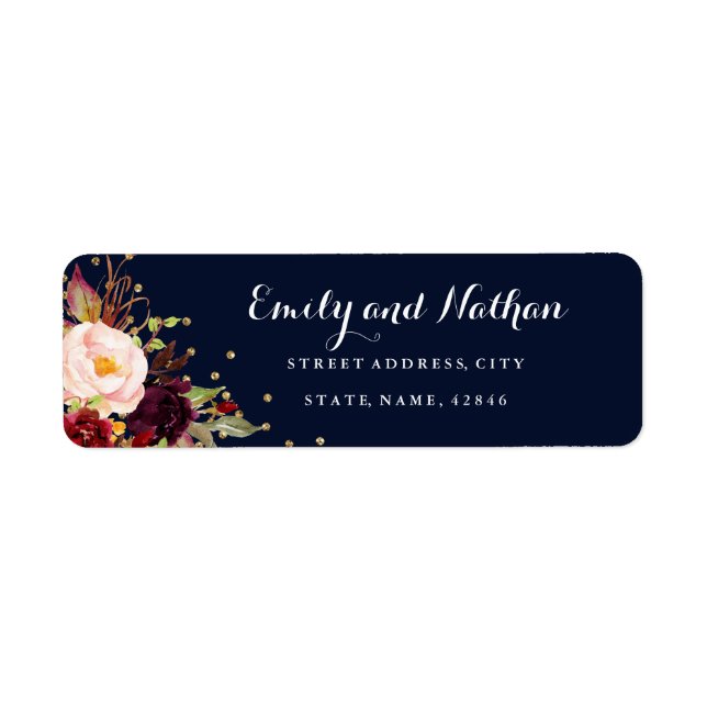 Burgundy Gold Navy Floral Return Address Label (Vorne)