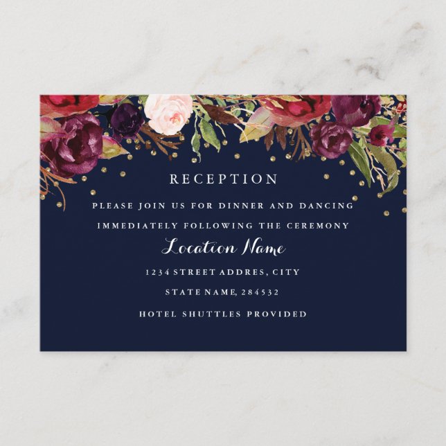 Burgundy Gold Navy Floral Wedding Card Begleitkarte (Vorderseite)