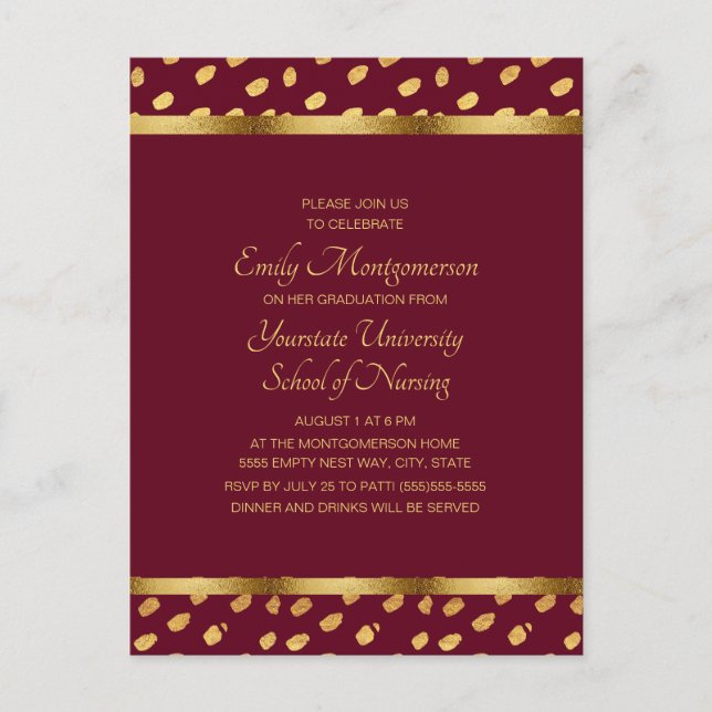 Burgundy Gold Nursing School Graduation Party Postkarte (Vorderseite)