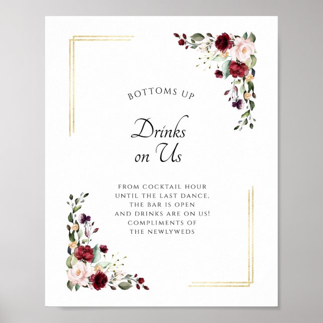 Burgundy Gold Open Bar Drinks auf unserem Hochzeit Poster (Vorne)