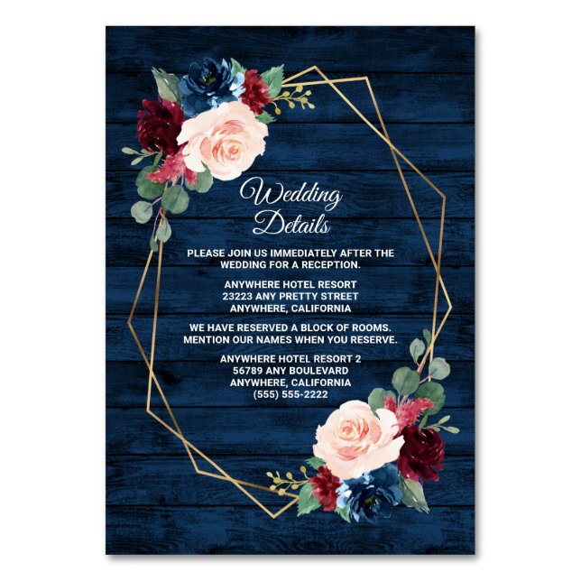 Burgundy Gold Pink Hochzeitskarten der Marine Tischnummer (Vorderseite)