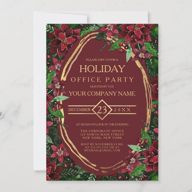 Burgundy Gold Poinsettia Ivy Corporate Holiday Einladung (Vorderseite)