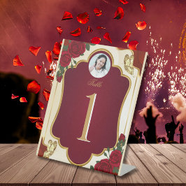 Burgundy & Gold Quinceañera Photo Elegant Sockelschild