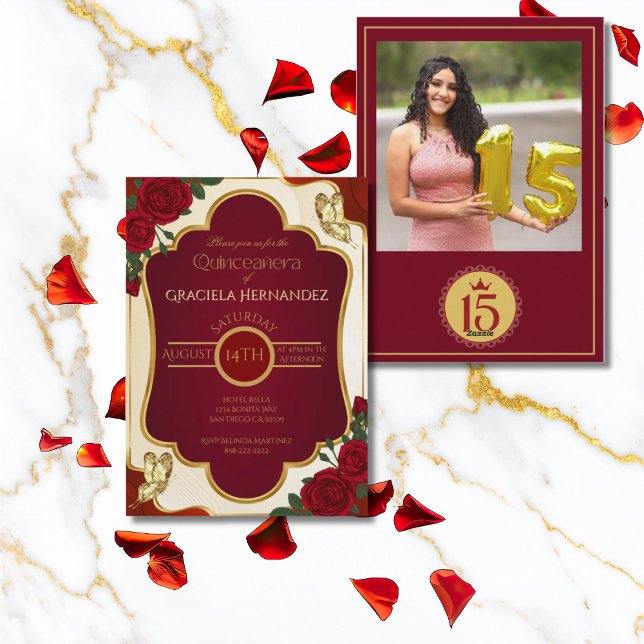 Burgundy & Gold Quinceañera Photo Invitation Einladung (Von Creator hochgeladen)