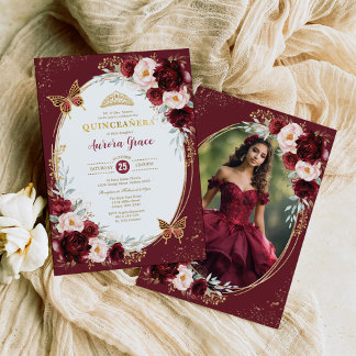 Burgundy Gold Quinceñera Blume Schmetterling Foto Einladung