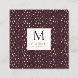 Burgundy Gold Raindrop Modern Trendy Monogram Quadratische Visitenkarte