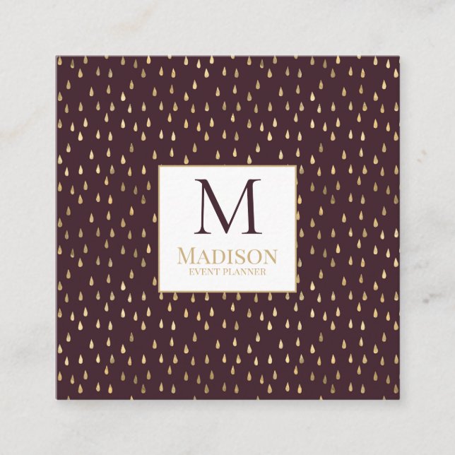 Burgundy Gold Raindrop Modern Trendy Monogram Quadratische Visitenkarte (Vorderseite)