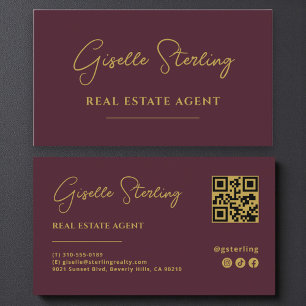 Burgundy & Gold Real Anwesen Agent QR Code Visitenkarte