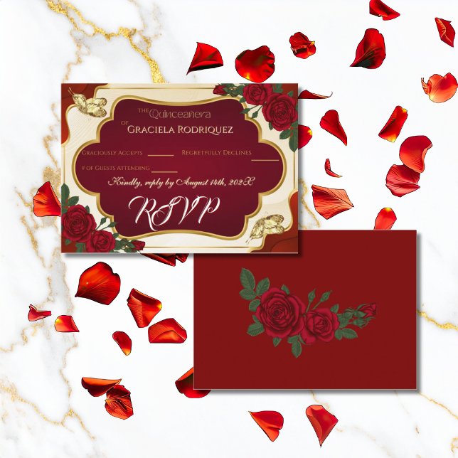 Burgundy & Gold Rose Quinceañera RSVP Card Begleitkarte (Von Creator hochgeladen)