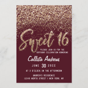 Burgundy Gold Scattered Glitzer Ombre Sweet 16 Einladung
