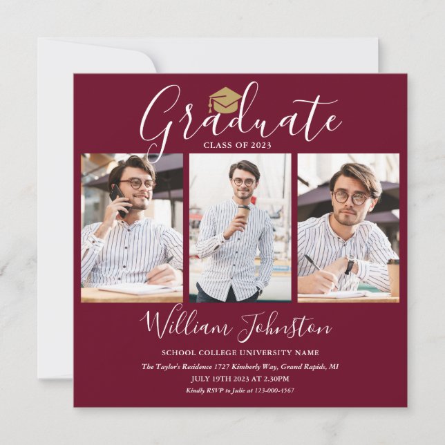 Burgundy Gold Script 4 Foto Graduation Party Einladung (Vorderseite)