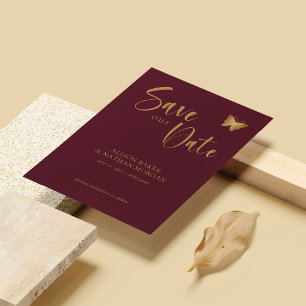 Burgundy & Gold Script: Glitzer Butterfly Wedding Save The Date