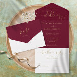 Burgundy Gold Script Hearts Minimalistische Hochze All In One Einladung<br><div class="desc">Alles in einer Hochzeitseinladung mit eleganten goldenen Herzen Schrift Typografie und Monogramm Initialen auf bordeauxrotem Hintergrund. Die Einladung enthält eine perforierte RSVP-Karte,  die für Sie individuell adressiert oder links als leere Karte für die Handschrift der Adressdaten Ihres Gastes verwendet werden kann. Entwickelt von Thisisnotme©</div>
