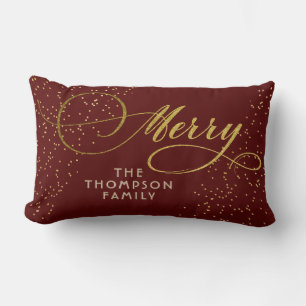 Burgundy Gold Script Merry Bright Familie Weihnach Lendenkissen