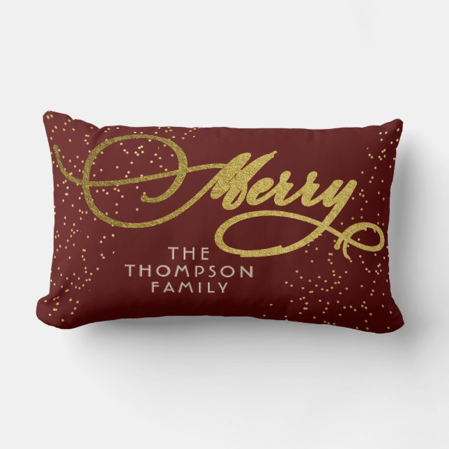 Burgundy Gold Script Merry Bright Familie Weihnach Lendenkissen (Vorderseite)