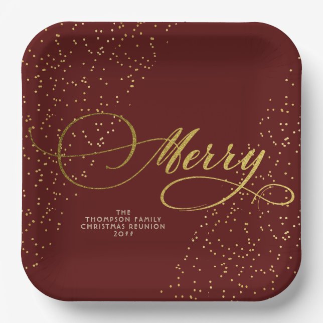 Burgundy Gold Script Merry Bright Familie Weihnach Pappteller (Vorderseite)