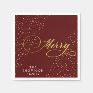 Burgundy Gold Script Merry Bright Familie Weihnach Serviette