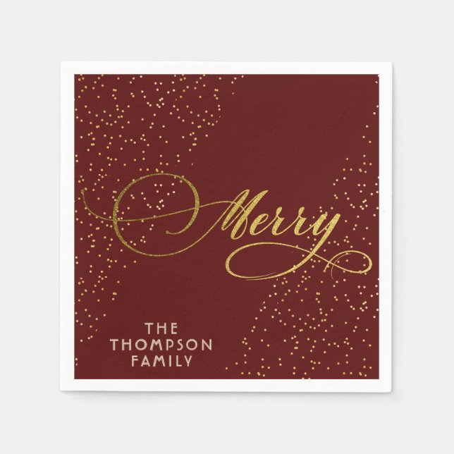 Burgundy Gold Script Merry Bright Familie Weihnach Serviette (Vorderseite)