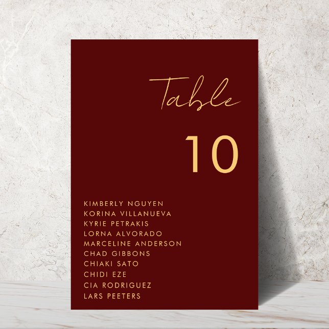 Burgundy Gold Script Seating Chart Names Wedding Tischnummer (Von Creator hochgeladen)