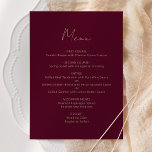 Burgundy Gold Script Wedding Menükarte<br><div class="desc">Dieses elegante,  moderne Hochzeitsmenü besticht durch goldfarbenen Text auf bordeauxrotem Hintergrund. Das Wort "Menü" erscheint in einem schönen Schriftzeichen,  der übrige Text in serifenlosen Sans-Schriftart. Die Rückseite ist fest bordeauxrot.</div>