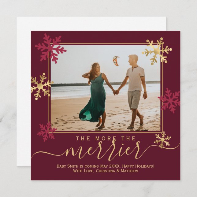 Burgundy Gold Snowflakes Foto Weihnachtszeit Schwa Ankündigung (Vorne/Hinten)