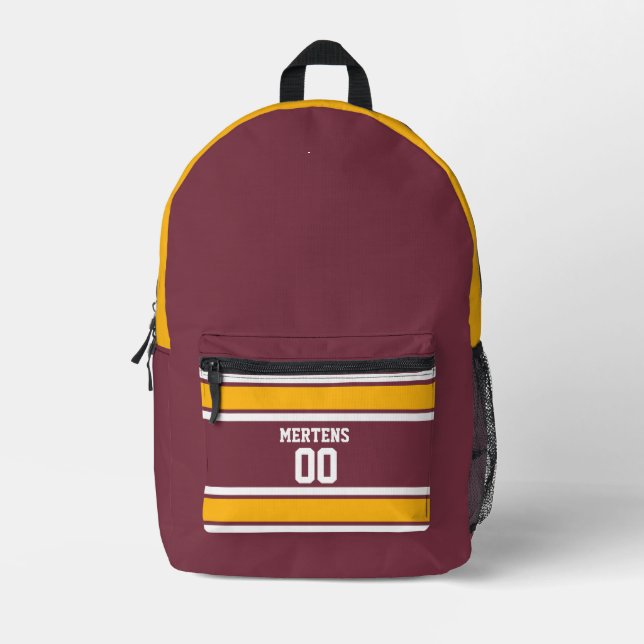 Burgundy & Gold Sports Stripter Name des Jersey Te Bedruckter Rucksack (Vorderseite)