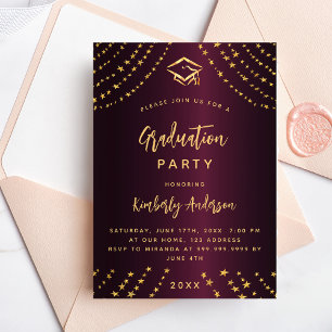 Burgundy Gold Stars Graduierungsparty moderner Lux Einladung