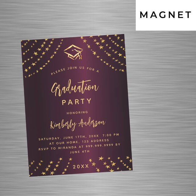 Burgundy Gold Stars Graduierungsparty moderner Lux Magneteinladung (Von Creator hochgeladen)