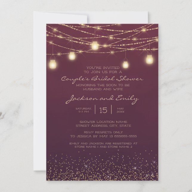 Burgundy Gold String Lights Couple's Bridal Einladung (Vorderseite)