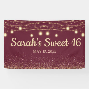 Burgundy Gold String Lights Glitzer Sweet 16 Banner