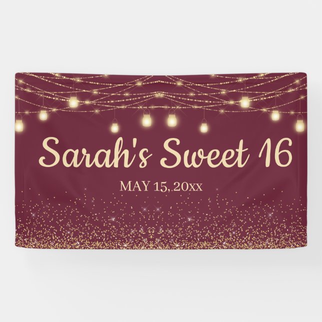 Burgundy Gold String Lights Glitzer Sweet 16 Banner (Horizontal)