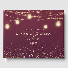 Burgundy Gold String Lights Lanterns Wedding Gästebuch