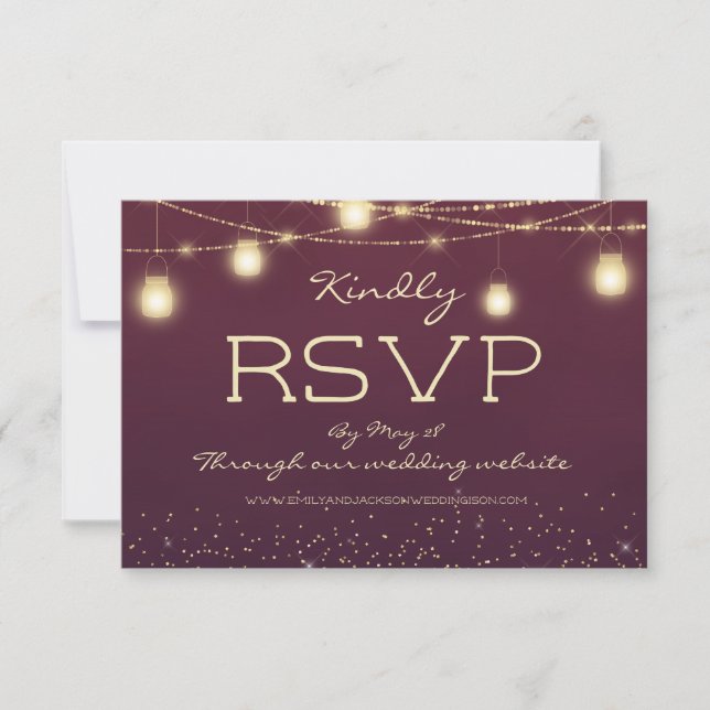 Burgundy Gold String Lights Lanterns Wedding RSVP Einladung (Vorderseite)