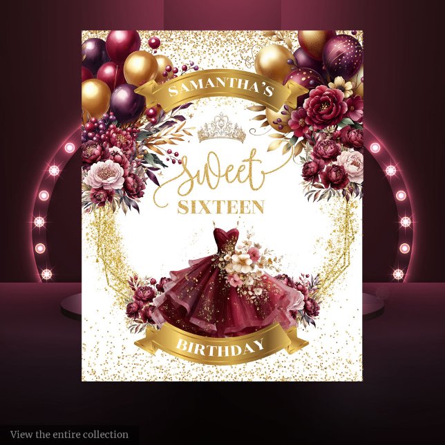 Burgundy Gold Sweet 16 Banner mit Glitzer Balloon Wandteppich (Burgundy Gold Sweet 16 Banner with Glitter Balloons)