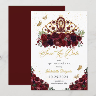 Burgundy & Gold Tiara Save the Date Quinceañera Einladung
