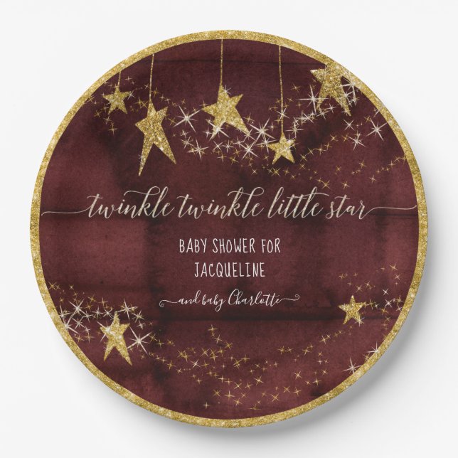 Burgundy Gold Twinkle Little Star Girl Baby Dusche Pappteller (Vorderseite)