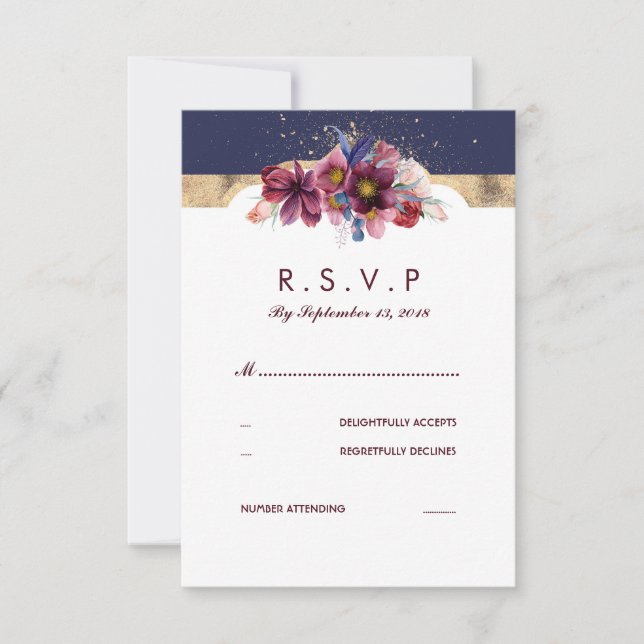 Burgundy Gold und Marsala Wedding RSVP Floral Karte (Vorderseite)