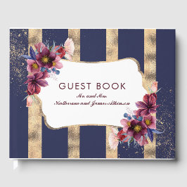 Burgundy Gold und Navy Floral Stripes Wedding Gästebuch